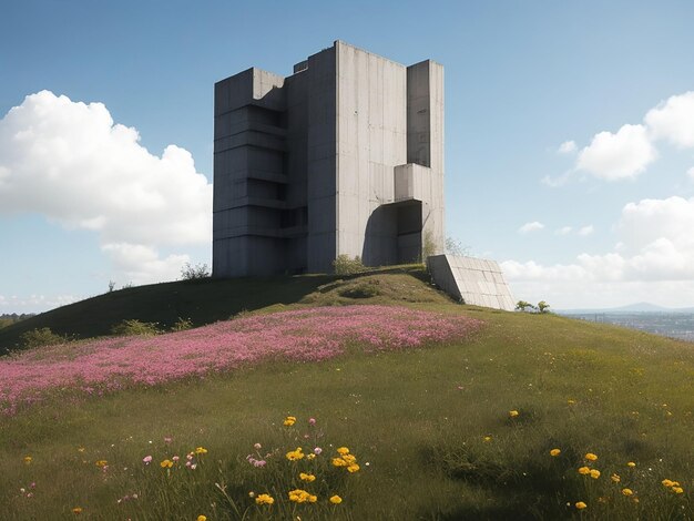 Brutalist monument on a flower covered hill on a sunny day