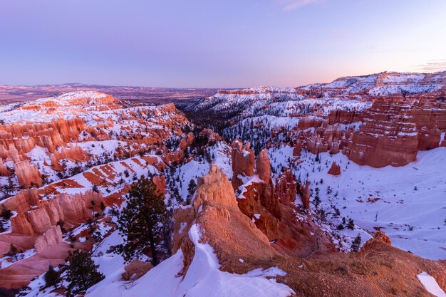 Bryce Canyon na zonsondergang in de winter. Sneeuw. Utah, VS