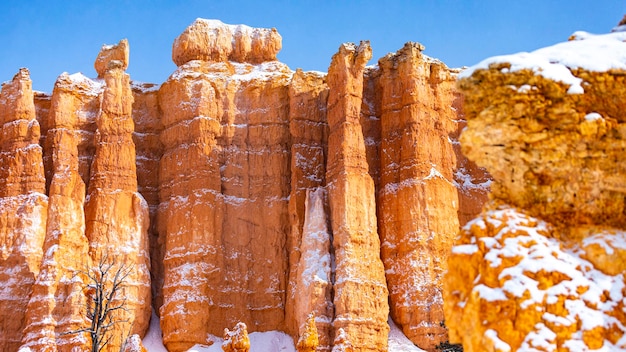 bryce canyon national park in winter, unique rock formations in utah covered in snow, orange rocks