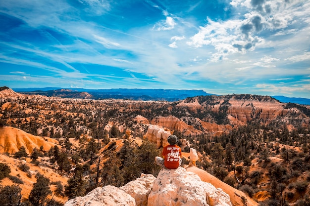 写真 ユタ州ブライス国立公園アメリカ合衆国ブライスのサンライズポイントからの眺めを楽しみながら腕を伸ばした少年