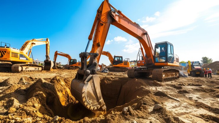 Photo bseveral workers are operating heavy machinery to dig a large hole in the ground