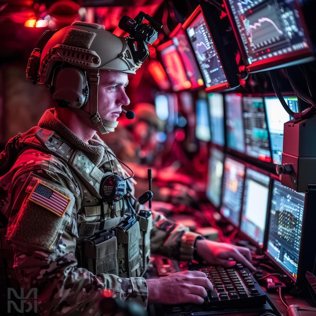 BSoldier in a control room with computer screens