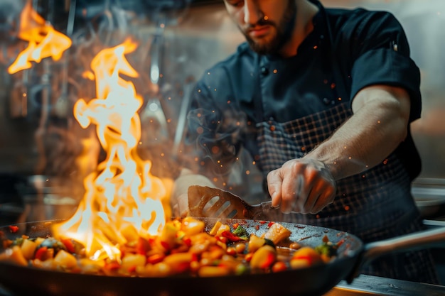 Photo bstirfried vegetables with fire in a frying pan by a chef