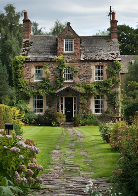 BStone cottage with flowers