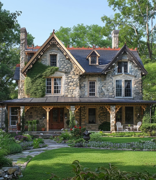 BStone and shingle house with a large porch