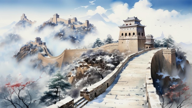 Photo bthe great wall of china winding through a snowy mountain landscape