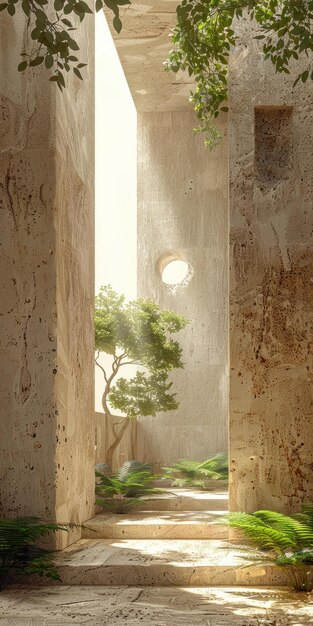 Photo bthe sunlight shines through the round window onto the stone floor and green plants