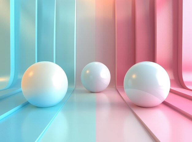 BThree white spheres in a blue and pink pastel color palette