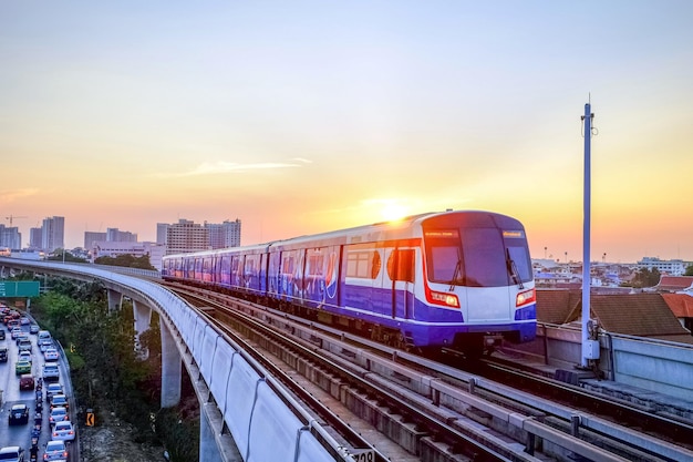 Bts sky train on bangkok thailand