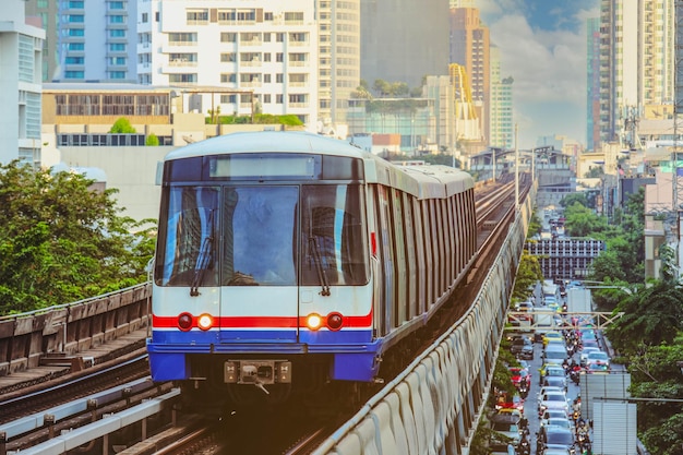 Bts sky train is running in downtown of bangkok sky train is\
fastest transport mode in bangkok