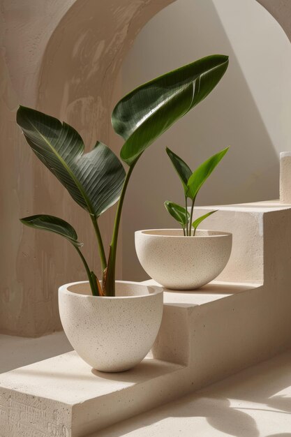 BTwo potted bird of paradise plants on a creamcolored background