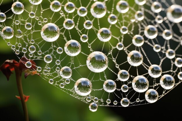 Foto bubbels die zich hechten aan een met dauw bedekt spinnenweb