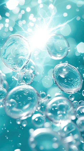 Bubbels in blauw water met zonneschijn Het concept van zuiverheid en frisheid