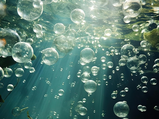 Foto bubbels onder water onder de oceaan in de stijl van licht zilver en teal