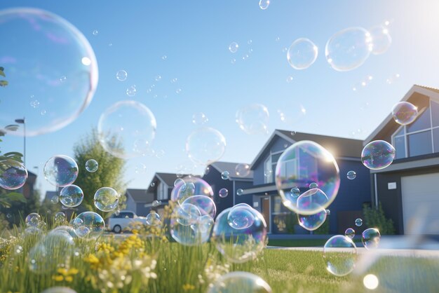 Bubbels vliegen in de lucht voor een nieuw huis.