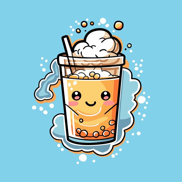 사진 우유와 함께 버블 차 로고 만화 캐릭터 스타일 마스코트 로고