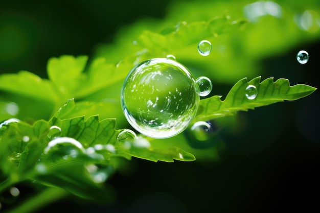 Пузырь, плавающий на ярко-зеленом листе.