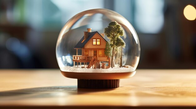 Пузырьковое стекло земного шара с домиком внутри для концепции страхования дома