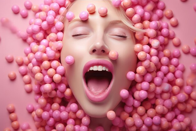 Photo bubble gum candy spray of candy in face