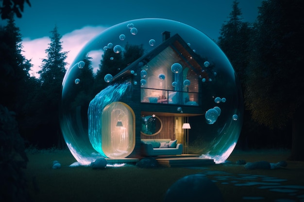 Bubble house with living room in the middle of it and bubbles in the air Generative AI