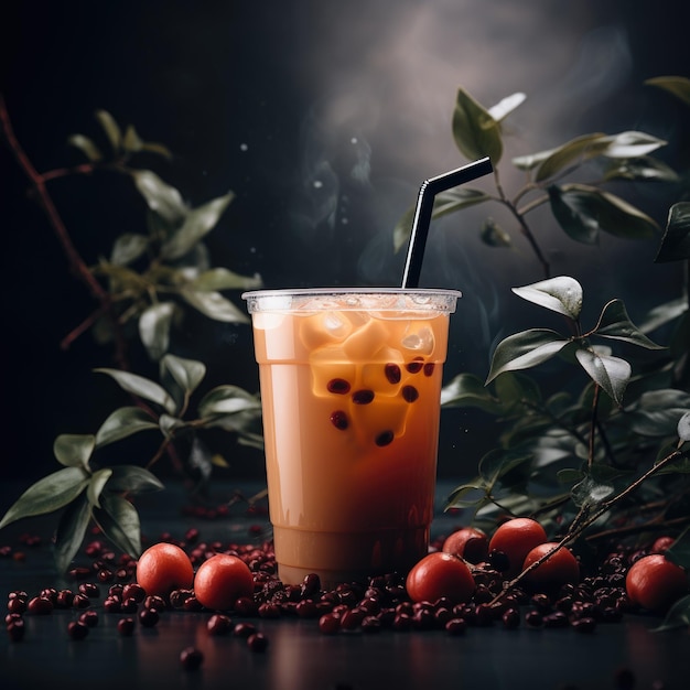 Bubble iced milk coffee with black boba or tapioca pearls and citrus on dark background AI Generated