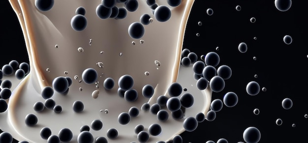 Bubble milk tea with tapioca balls splashing against black background