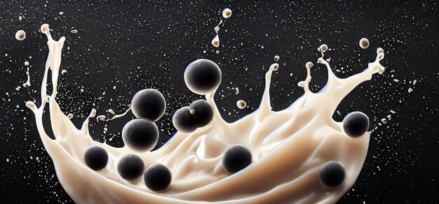 黒の背景にタピオカ ボールが飛び散るバブル ミルク ティー