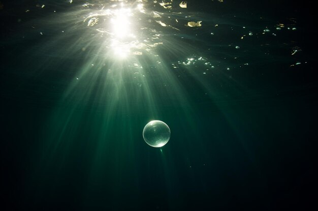 Foto un anello di bolle sott'acqua sale verso il sole.