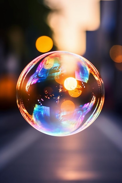 A bubble in the street with the lights in the background