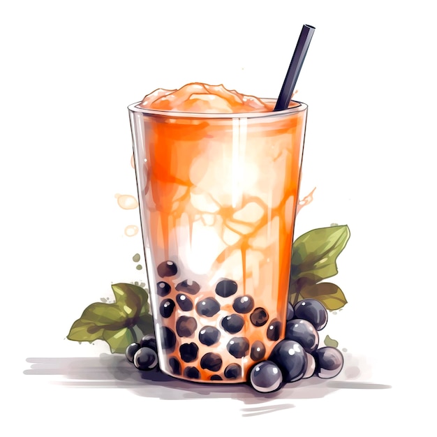 Bubble tea cup with a big straw Hand drawn colored illustration