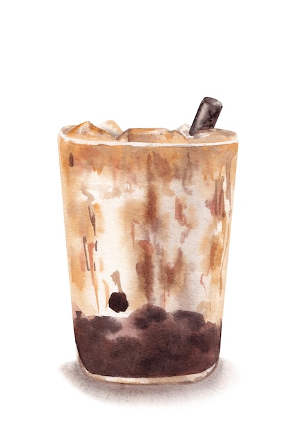 Bubble tea drink with tapioca pearls watercolor illustration isolated on white