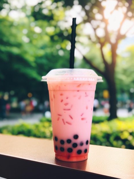 Bubble tea photograph on a bench in a park