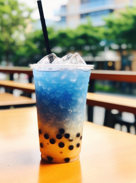 Bubble tea photograph on a bench in a park