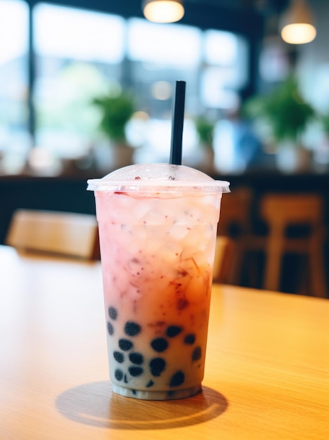 Bubble tea photograph on a wood counter