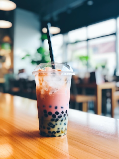 Bubble tea photograph on a wood counter