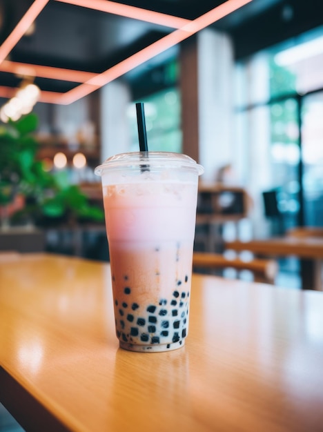 Bubble tea photograph on a wood counter