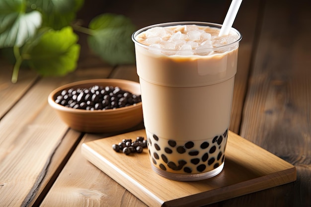 Bubble tea with milk from taiwan sitting on a wooden table