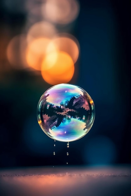 A bubble with a reflection of a tree on it