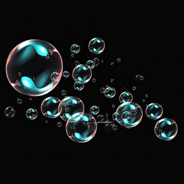 Photo bubbles are floating on a black surface with a black background.