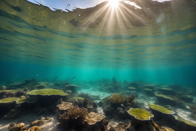 Photo bubbles and bokeh underwater in clear green ocean of california