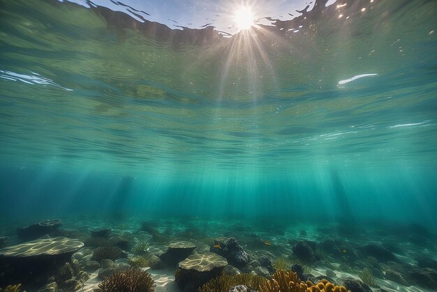 Photo bubbles and bokeh underwater in clear green ocean of california