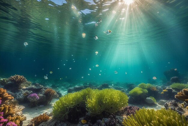 Photo bubbles and bokeh underwater in clear green ocean of california