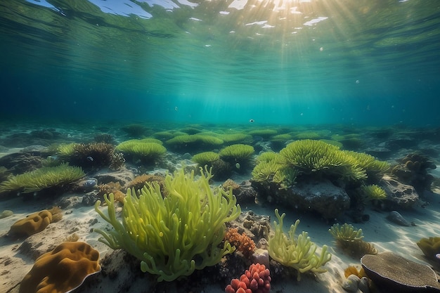 Bubbles and bokeh underwater in clear green ocean of California