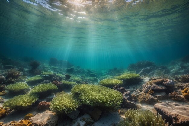 Bubbles and bokeh underwater in clear green ocean of California