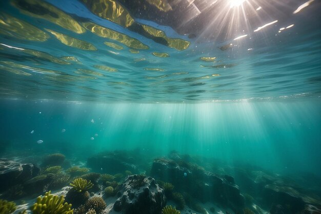 Bubbles and bokeh underwater in clear green ocean of California