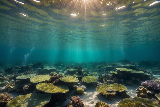 Bubbles and bokeh underwater in clear green ocean of California