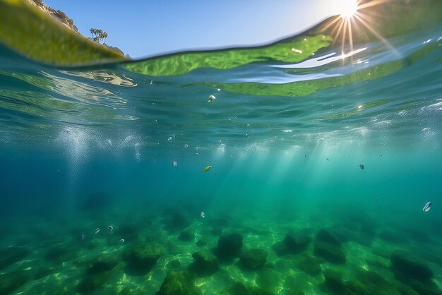 カリフォルニアの澄んだ緑色の海の水中の泡とボケ