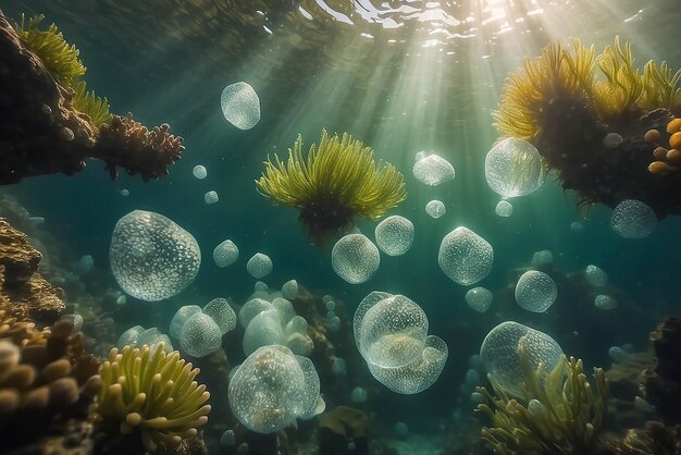 Bubbles and bokeh underwater in clear green ocean of California