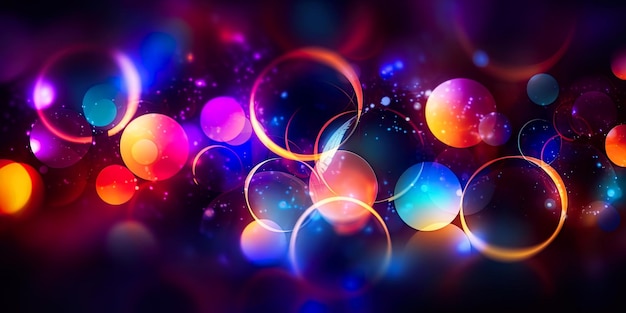 Bubbles circles and neon light on dark background abstract pattern