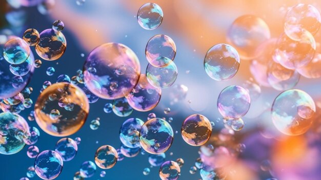 Bubbles floating in the air on a blue background generative ai